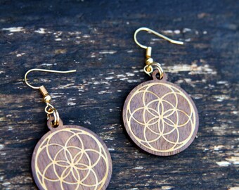 Seed of Life Earrings, solid walnut and maple, wooden marquetry earrings, hippie, boho