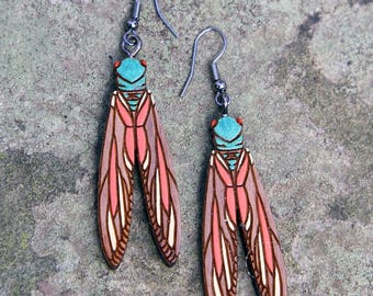 Cicada Insect Earrings, Forest Bug Earrings, Art Nouveau Earrings, Wooden Earrings, Handcrafted Earrings