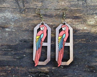 Tropical Bird Earrings, Scarlet Macaw, Art Deco Parrot, Rennie Mackintosh walnut earrings, boho bohemian, birds, tropical statement earrings