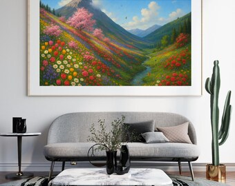 Spring Floral Mountain Landscape Wall Art - Printable, Instant Download, 18x12 Inch and More Sizes
