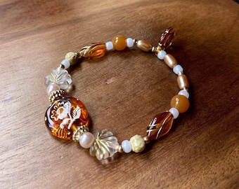 Autumn Floral Vintage and Bohemian Inspired Bracelet with Painted Beads