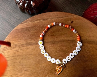 Pumpkin Season Beaded Autumn Friendship Bracelet with Leaf Charm