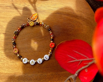 Fall Hearts Beaded Bracelet with Leaf Charm | Autumn Friendship Bracelet | Whimsical Fall Jewelry