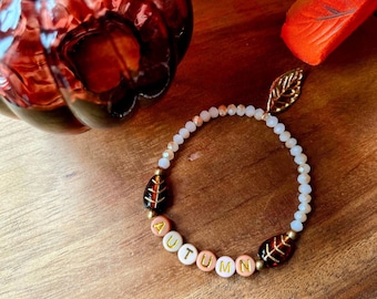 Dainty Autumn Beaded Bracelet with Leaf Charm