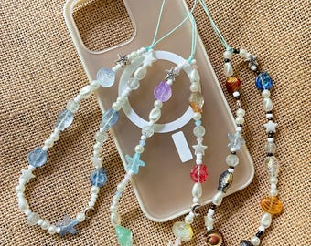 By the Seashore Beaded Wrist Strap | Handmade Ocean Theme Glass and Pearl Phone Charm | Wristlet Keychain Accessory Gift for Phone and Bag