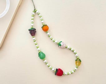 Fruit Picnic Handmade Lampwork Glass Bead Wrist Strap | Cottagecore Handcrafted Wristlet, Phone Strap, Keychain for Everyday Accessorizing