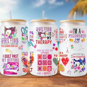 Quilting is My Therapy, Tumbler Wrap, 16 oz Libbey Glass Can Design, Funny, Quilting Sublimation, I&#39;d Rather Be Sewing, PNG Digital Download