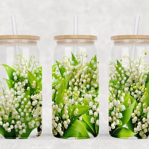 Lily of the Valley Flower 16oz Libbey Glass Can Sublimation Design, Floral Glass Can, Lily of the Valley Sublimation PNG Digital Download