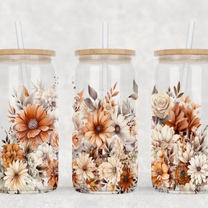 Boho Flowers 16oz Libbey Glass Can Sublimation Design, Floral Glass Can ...