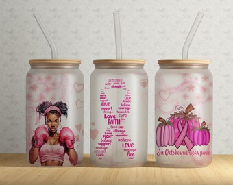 Bröstcancermedvetenhetspresent i tumbler-omslag: Motiverande affirmationer (PNG)