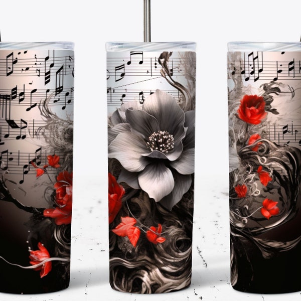 Music Note Tumbler Wrap, Music Wrap For Tumbler, Black Flowers PNG, Music Notes, 20 OZ Skinny Tumbler Sublimation Design, Music Lovers