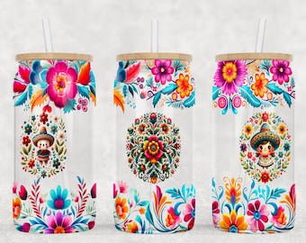 Mexican Floral Tumbler Wrap: 16oz Libbey Glass Sublimation Design (PNG Digital Download)