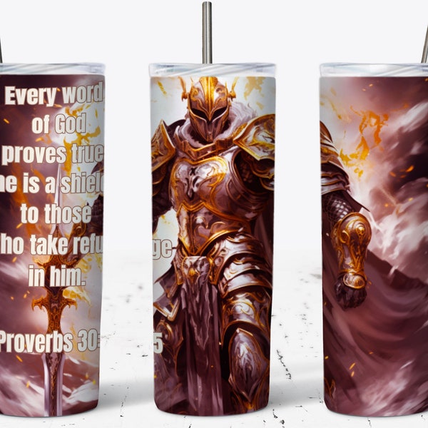 Armor of God 20oz Skinny Tumbler Sublimation Design, Religious Tumbler Wrap, Warrior of God, Christian Tumbler Wrap, PNG Digital Download