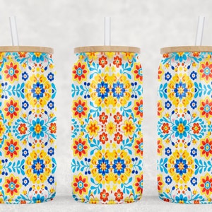 Mexican Floral Tumbler Wrap: 16oz Libbey Glass Sublimation Design (PNG Digital Download)