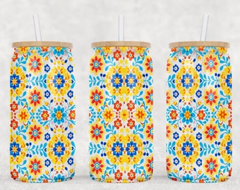Mexican Floral Tumbler Wrap: 16oz Libbey Glass Sublimation Design (PNG Digital Download)