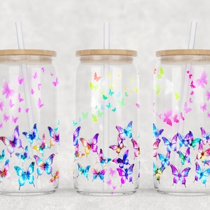 Gift Neon Glowing Butterfly 16 oz Libbey Glass Can Tumbler Design, Sublimation Glowing Butterfly Can Wrap,PNG Instant Download File Digital