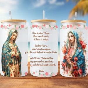 Dios Te Salve, María, vaso de vidrio Libbey de 16 oz, diseño de sublimación, Virgen María rezando, Virgen de Guadalupe, archivo PNG, descarga digital