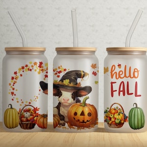 Autumn Leaves Highland Cow 16 oz Libbey Glass Can Design Digital Download PNG Instant DIGITAL ONLY Cute Fall Vibes Pumpkin Glass Can