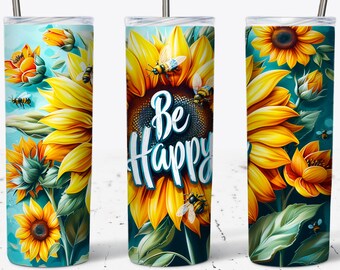Bee Happy Sunflower Tumbler Wrap: 20oz Skinny Sublimation Design (Digital Download)