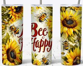 Bee Happy Sunflower Tumbler Wrap: 20oz Skinny Sublimation Design (Digital Download)