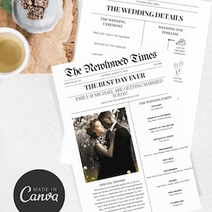 Op de afbeelding: Een trouwprogramma in krantenstijl met de kop "The Newlywed Times" en de datum "Zaterdag 12 augustus 2023." Het programma bevat details over de ceremonie, de bruiloftsgasten en de planning. Een foto van het bruidspaar is opgenomen.