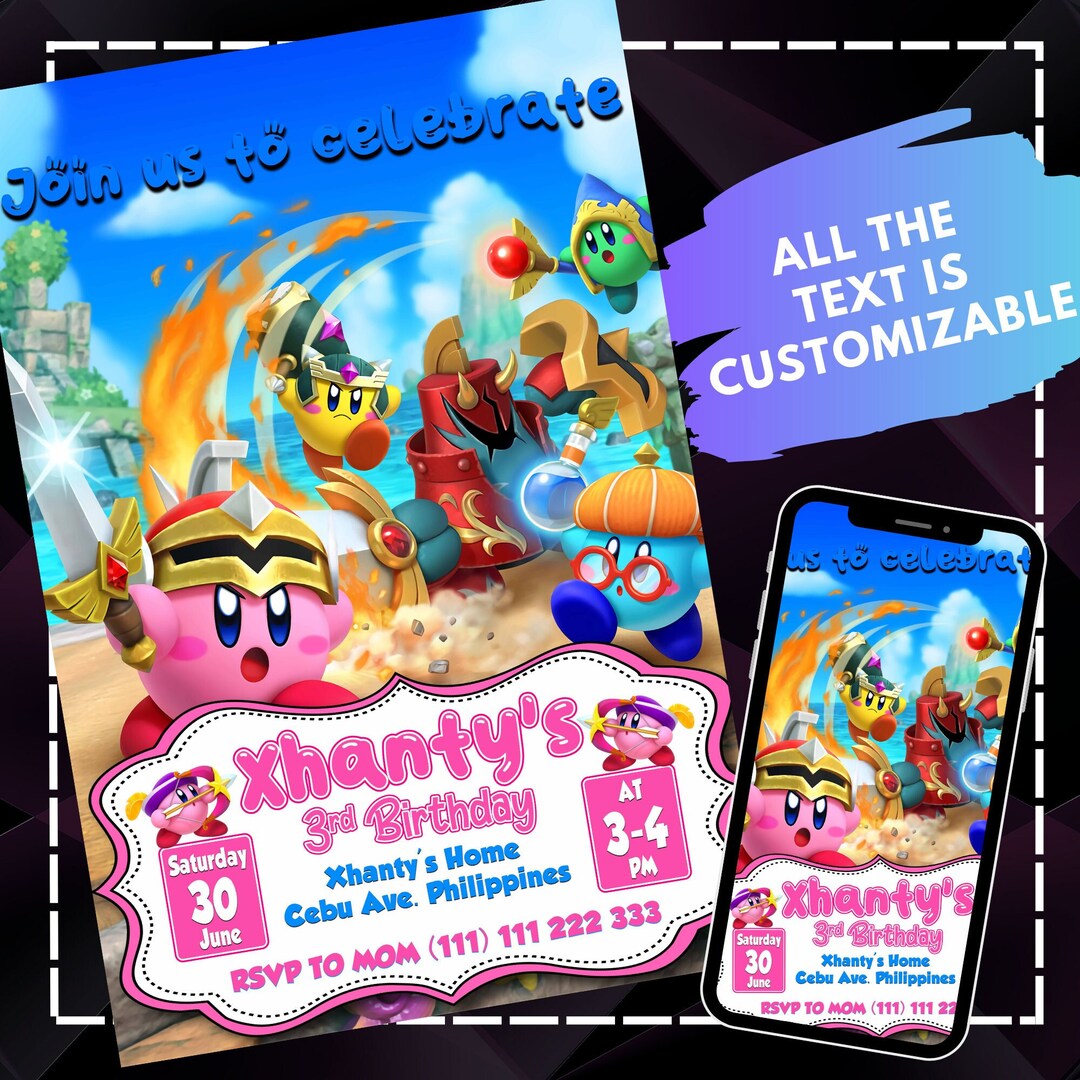 Kirby Birthday Invitation for Kids Customizable Digital Party Etsy