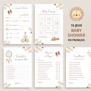 15 jeux baby shower (ou gender reveal) bohème en français à imprimer (PDF imprimable). Aquarelle boho, non genré (pour bébé fille ou garçon)