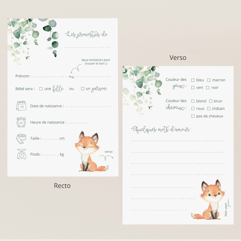 Carte pronostics naissance à imprimer / carte prédiction bébé pour baby shower ou gender reveal en français - PDF imprimable image 2