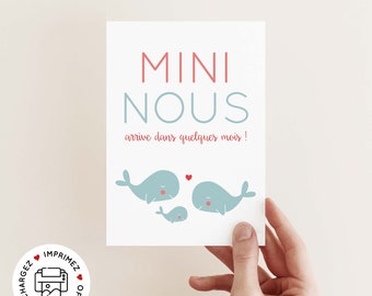 Carte annonce grossesse mini nous baleine à imprimer (illustration rose et bleu thème marin)