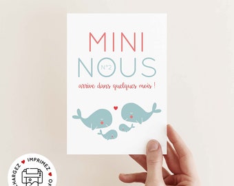 Carte annonce grossesse mini nous baleine à imprimer (illustration rose et bleu thème marin)