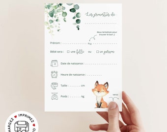 Carte pronostics naissance à imprimer / carte prédiction bébé pour baby shower ou gender reveal en français - PDF imprimable