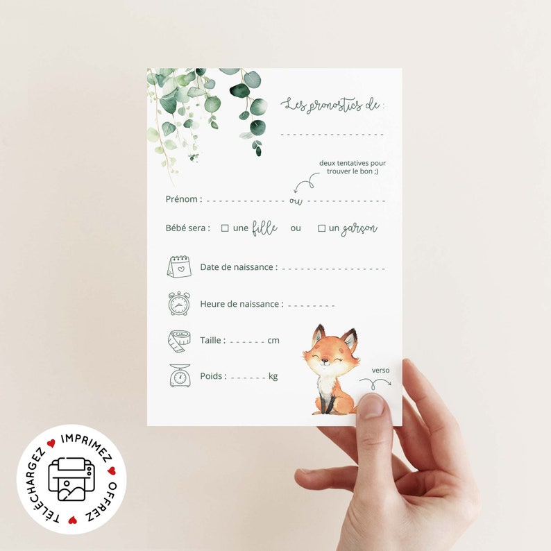 Carte pronostics naissance à imprimer / carte prédiction bébé pour baby shower ou gender reveal en français - PDF imprimable image 1
