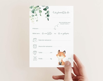 Carte pronostics naissance renard eucalyptus / carte prédiction bébé pour baby shower ou gender reveal en français (mixte : fille & garçon)
