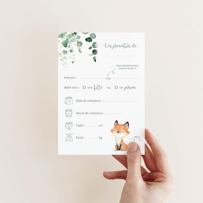 Carte pronostics naissance renard eucalyptus / carte prédiction bébé pour baby shower ou gender reveal en français (mixte : fille & garçon) image 1