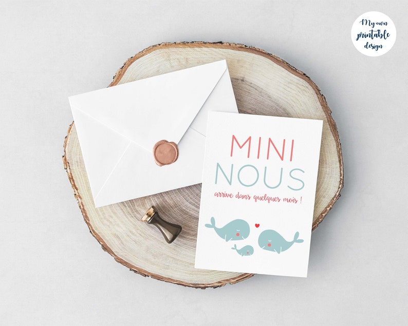 Carte annonce grossesse mini nous baleine à imprimer (illustration rose et bleu thème marin) image 5