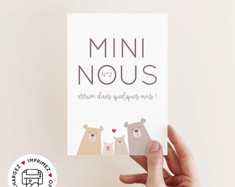 Carte annonce deuxième grossesse mini nous à imprimer (illustration ours, thème forêt)