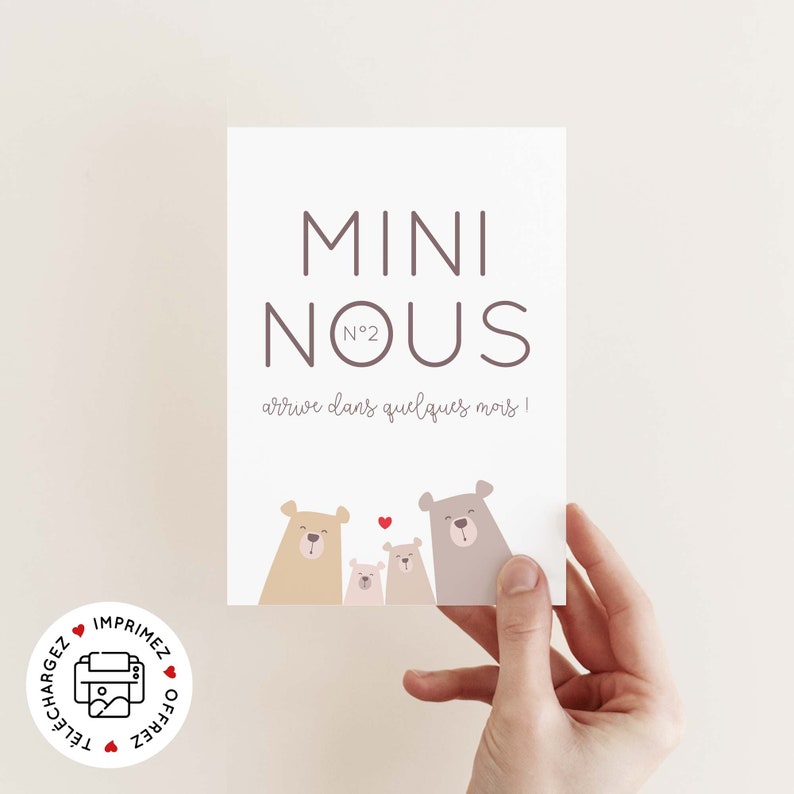 Carte annonce deuxième grossesse mini nous à imprimer (illustration ours, thème forêt) image 1
