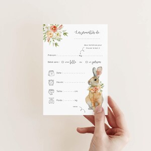 Carte pronostics naissance lapin et fleur / carte prédiction bébé pour baby shower ou gender reveal en français (mixte : fille & garçon)