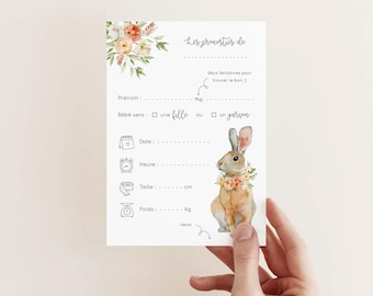 Carte pronostics naissance lapin et fleur / carte prédiction bébé pour baby shower ou gender reveal en français (mixte : fille & garçon)