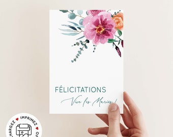 Carte de mariage "Félicitations ! Vive les mariés" à imprimer (PDF) et à offrir aux jeunes mariés