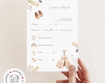 Carte pronostics naissance à imprimer / carte prédiction bébé pour baby shower ou gender reveal en français - PDF imprimable