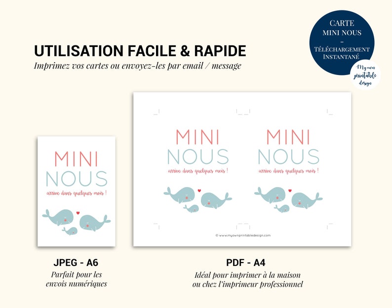 Carte annonce grossesse mini nous baleine à imprimer (illustration rose et bleu thème marin) image 6
