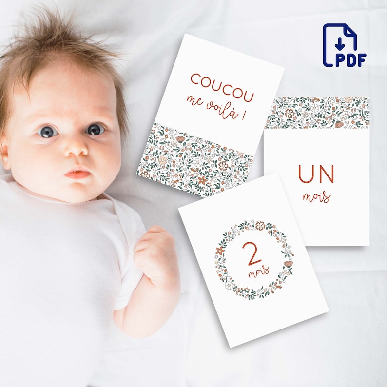 Cartes étapes bébé ma première année imprimable - carte étape bébé fille à imprimer - motif fleur liberty terracotta image 2