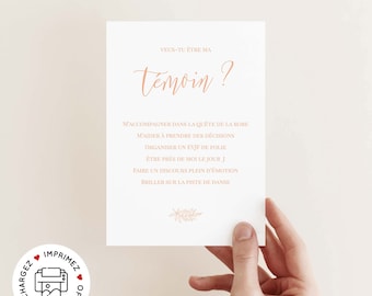 Carte demande témoin mariage à imprimer (PDF) - carte veux-tu être ma témoin imprimable - cadeau témoin mariage - annonce témoin femme