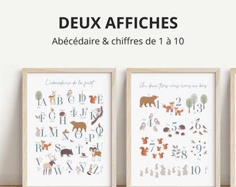 Set 3 affiches Personnalisées Tableau Décoration Chambre Bébé - Initiale  Fleurie Fille - Animaux de la Foret Trio Biche Renard Lapin
