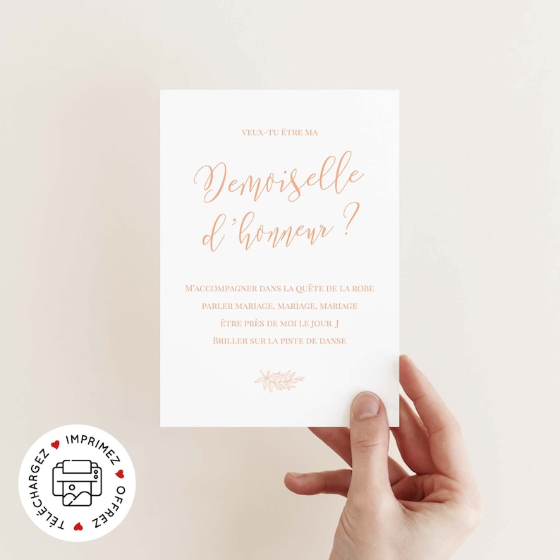 Carte demande demoiselle d'honneur à imprimer (PDF) - carte veux-tu être ma demoiselle d'honneur imprimable - cadeau mariage femme image 1