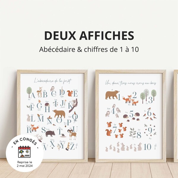 Deux affiches forêt (abécédaire + chiffres de 1 à 10). Décoration murale éducative idéale pour la chambre des bébés et des jeunes enfants