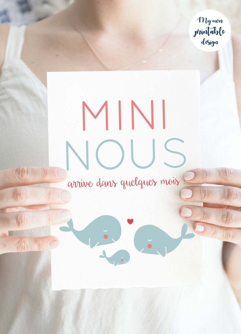 Carte annonce grossesse mini nous baleine à imprimer (illustration rose et bleu thème marin) image 3