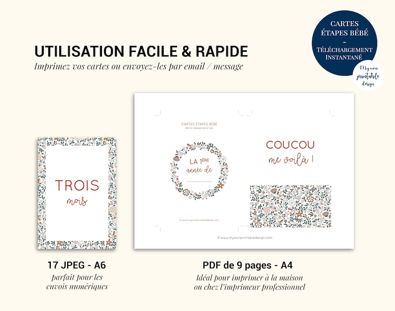 Cartes étapes bébé ma première année imprimable - carte étape bébé fille à imprimer - motif fleur liberty terracotta image 6