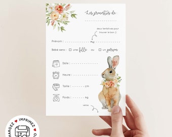 Carte pronostics naissance à imprimer - carte prédiction bébé en français (pour baby shower ou gender reveal) PDF imprimable